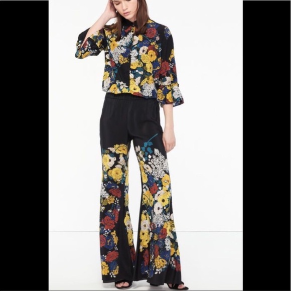 SANDRO sz 4-6 floral 100% silk wide leg pants - Picture 1 of 7